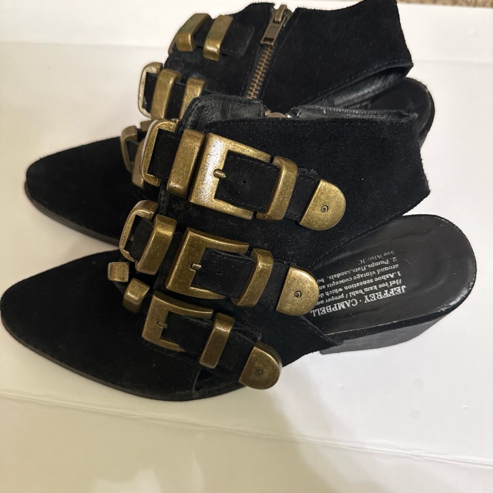 Jeffrey Campbell Black Suede Buckled Mules with Antique Gold Hardware